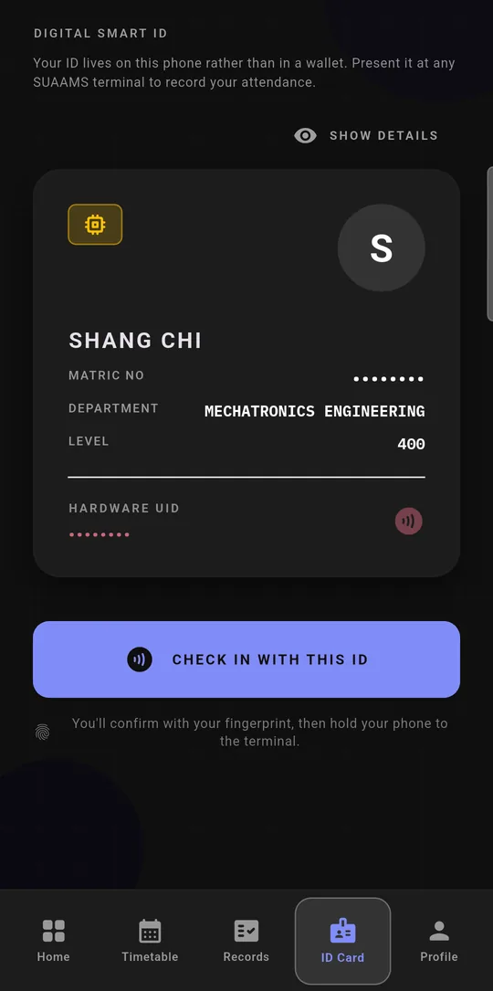Step 1: the SUAAMS app's digital ID card, with a Check in with this ID button
