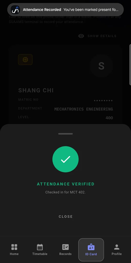 Step 3: Attendance verified, checked in for MCT 402, with the Attendance recorded notification