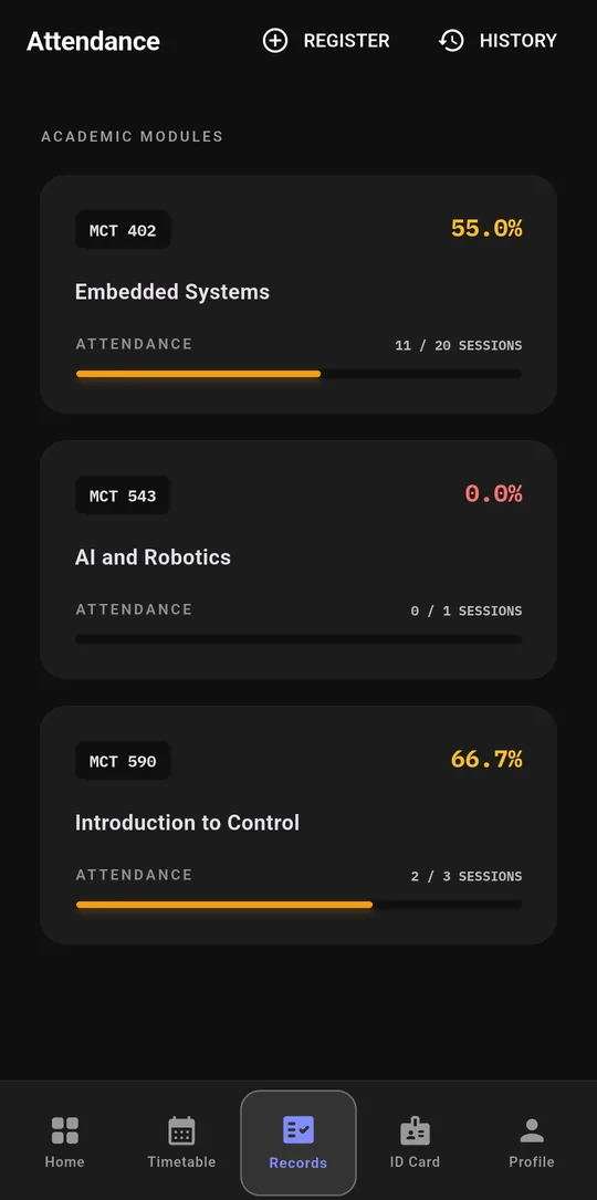 The SUAAMS app's Records screen: attendance per course, such as 11 of 20 sessions for Embedded Systems